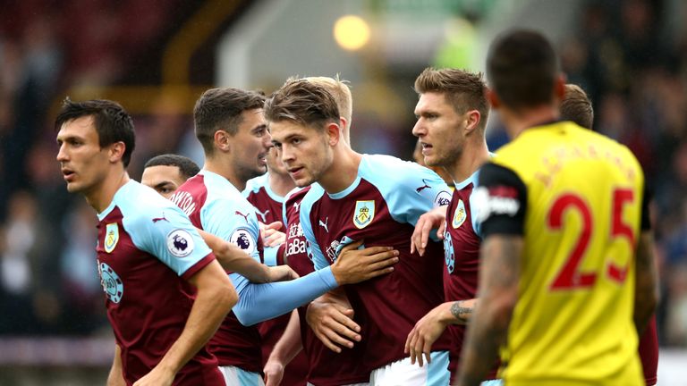 James Tarkowski celebrates his equaliser against Watford