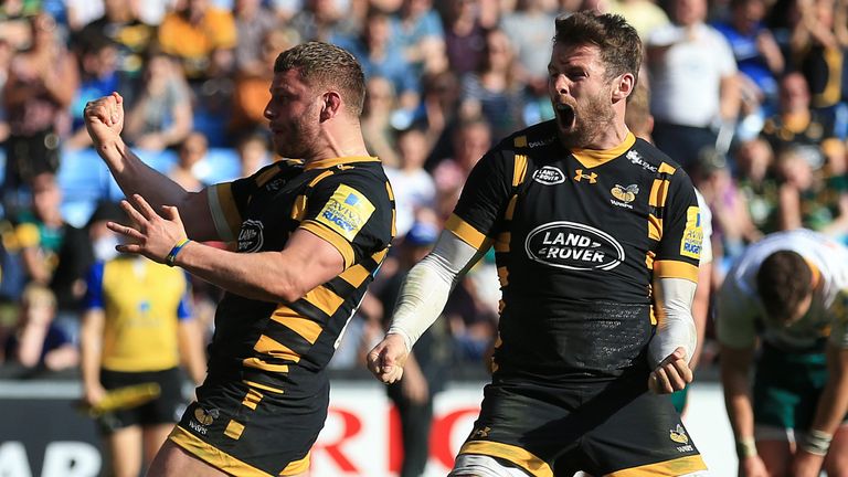 Wasps Matt Mullan celebrates after scoring the winning try against Northampton Saints during the Aviva Premiership match at the Ricoh Arena, Coventry. PRESS ASSOCIATION Photo. Picture date: Sunday April 9, 2017. See PA story RUGBY Wasps. Photo credit should read: Nigel French/PA Wire. RESTRICTIONS: Editorial use only. No commercial use.