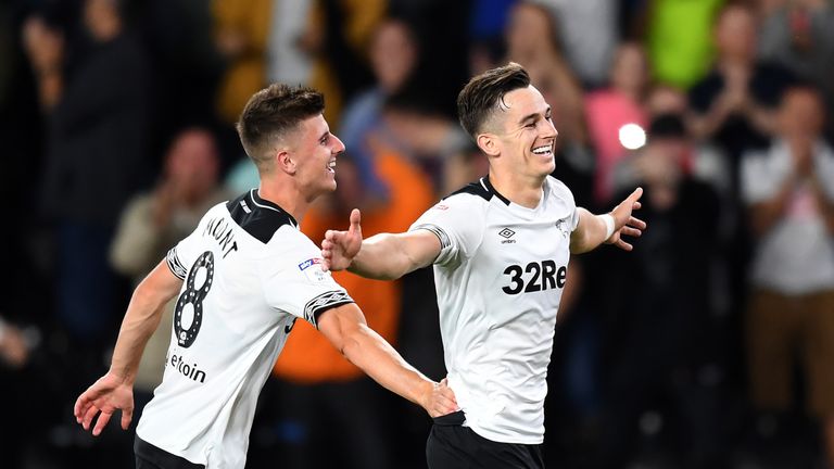 Tom Lawrence celebrates scoring the second goal of the game with teammate Mason Mount during the Sky Bet Championship match between Derby County and Ipswich Town