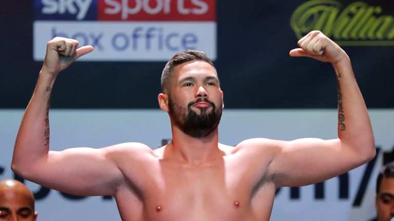Tony Bellew weighs in  during the Weigh in ahead of the Heavyweight fight between Tony Bellew and David Haye at O2 Indigo on May 4, 2018