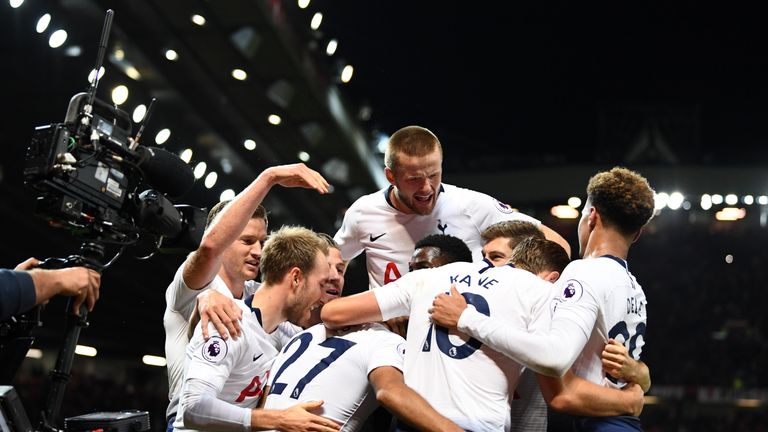 Tottenham celebrate during the Premier League match between Manchester United and Tottenham Hotspur at Old Trafford on August 27, 2018 in Manchester, United Kingdom.