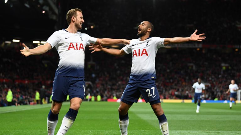 Goalscorers Harry Kane and Lucas Moura celebrate at Old Trafford
