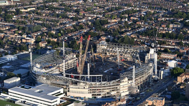 LONDON, ENGLAND - JULY 12:  An aerial view of the White Hart Lane stadium as construction work continues on July 12, 2017 in London, England. (Photo by Dan Mullan/Getty Images)          
