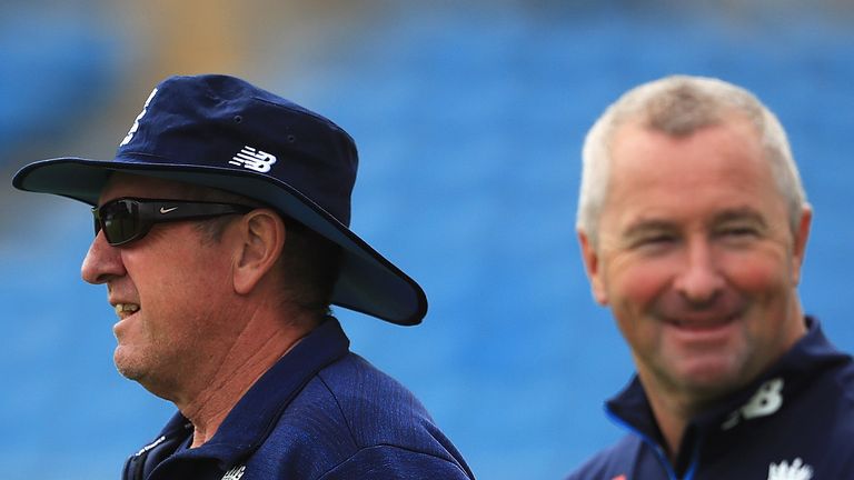 Trevor Bayliss, Coach of England looks on with Paul Farbrace during an England nets session at Headingley Carnegie on May 22, 2017 in Leeds, England