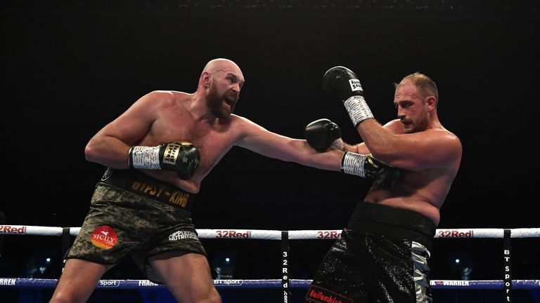 BELFAST, NORTHERN IRELAND - AUGUST 18: Tyson Fury and Francesco Pianeta during their 10-round heavyweight contest at Windsor Park on August 18, 2018 in Belfast, Northern Ireland. (Photo by Charles McQuillan/Getty Images)