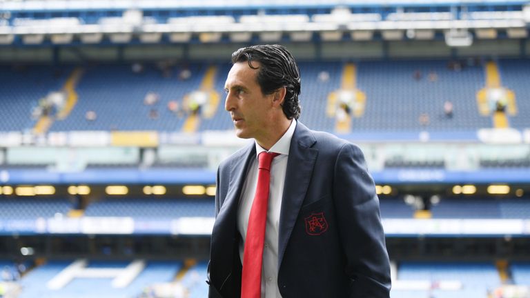 Unai Emery of Arsenal before the Premier League match between Chelsea FC and Arsenal FC at Stamford Bridge on August 18, 2018 in London, United Kingdom. (Photo by Stuart MacFarlane/Arsenal FC via Getty Images)