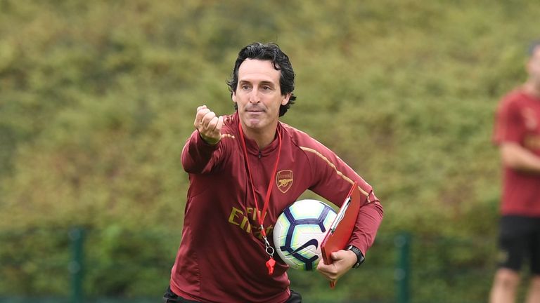 Unai Emery during a training session at London Colney on August 22, 2018