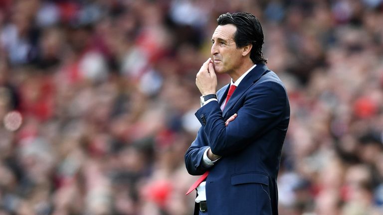 Unai Emery looks on during the Premier League match at the Emirates Stadium