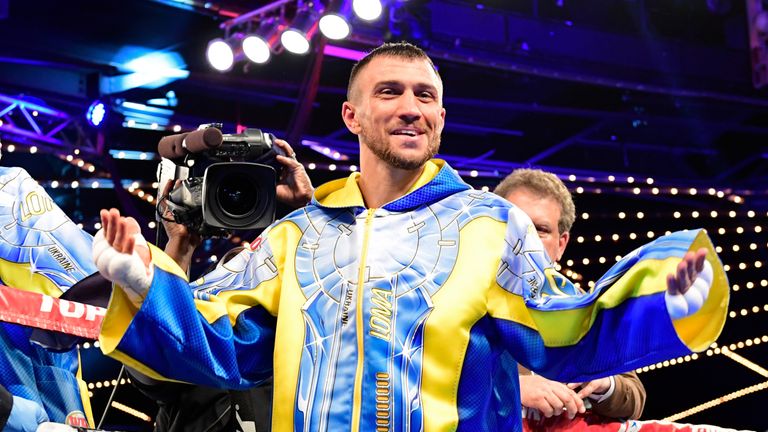 Vasiliy Lomachenko celebrates his Junior Lightweight bout victory over Guillermo Rigondeaux at Madison Square Garden on December 9, 2017 in New York City.  (Photo by Steven Ryan/Getty Images)