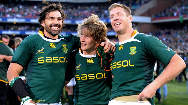 PRETORIA, SOUTH AFRICA - JUNE 27:  (L-R) Victor Matfield, Frans Steyn and Bakkies Botha of South Africa celebrate victory after the Second Test match between South Africa and the British and Irish Lions at Loftus Versfeld on June 27, 2009 in Pretoria, South Africa.  (Photo by Lee Warren/Gallo Images/Getty Images)