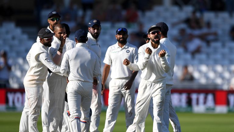 Virat Kohli celebrates a wicket during day four of the Specsavers 3rd Test match between England and India at Trent Bridge on August 21, 2018 in Nottingham, England