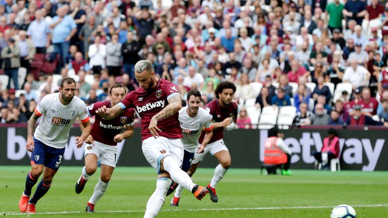 Marko Arnautovic during the Premier League match between West Ham United and AFC Bournemouth at London Stadium on August 18, 2018 in London, United Kingdom.