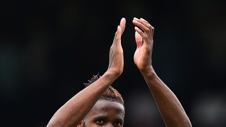 Wilfried Zaha celebrates Crystal Palace's win over Fulham in the Premier League 