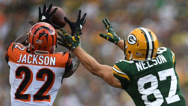 GREEN BAY, WI - SEPTEMBER 24:  William Jackson #22 of the Cincinnati Bengals intercepts a pass from Aaron Rodgers #12 (not pictured) to Jordy Nelson #87 of the Green Bay Packers at Lambeau Field on September 24, 2017 in Green Bay, Wisconsin.  Jackson returned the interception for a 75-yard touchdown.  (Photo by Stacy Revere/Getty Images)