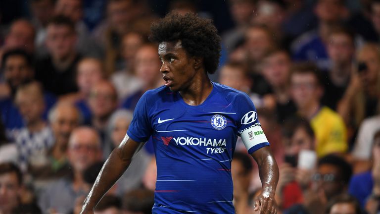 Willian during the pre-season friendly match between Chelsea and Lyon at Stamford Bridge on August 7, 2018 in London, England.