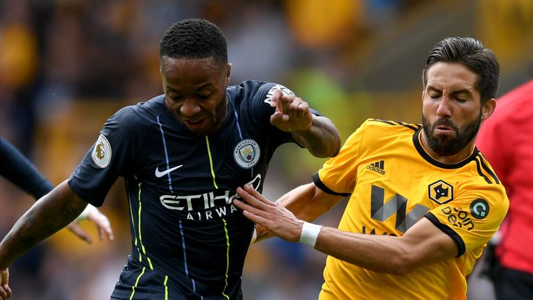 Raheem Sterling of Manchester City shoots and misses during the Premier League match between Wolverhampton Wanderers and Manchester City at Molineux on August 25, 2018 in Wolverhampton, United Kingdom.