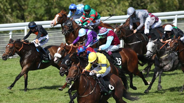 Justanotherbottle and Ger O........Neill lead the eventual winner Gifted Master and Jason Watson (red star on cap) during The Unibet Stewards Cup Race run on day five of the Qatar Goodwood Festival at Goodwood Racecourse, Chichester. PRESS ASSOCIATION Photo. Picture date: Saturday August 4, 2018. See PA story RACING Goodwood. Photo credit should read: Julian Herbert/PA Wire