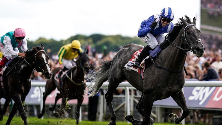Jim Crowley riding Muntahaa to victory in the Sky Bet Ebor at York