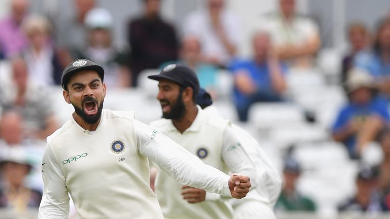 Virat Kohli celebrates a wicket on day four at Trent Bridge