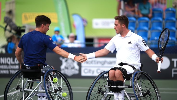 Alfie Hewett and Gordon Reid of Great Britain in action during his doubles semi final against Gustavo Fernandez of Argentina and Shingo Kunieda of Japan on day three of The British Open Wheelchair Tennis Championships at Nottingham Tennis Centre on July 19, 2018 in Nottingham, England.