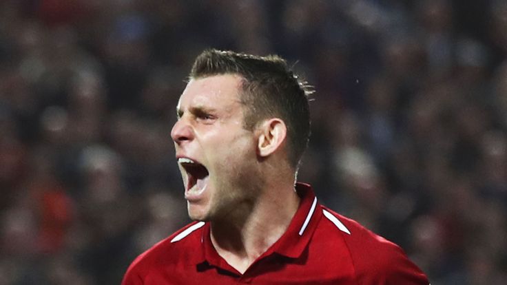 James Milner of Liverpool celebrates after scoring his team's second goal during the Group C match of the UEFA Champions League between Liverpool and Paris Saint-Germain at Anfield on September 18, 2018 in Liverpool, United Kingdom.  (Photo by Julian Finney/Getty Images)