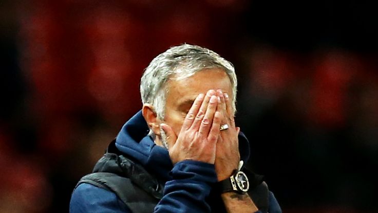 Jose Mourinho, manager of Manchester United reacts during the Carabao Cup third round match between Manchester United and Derby County at Old Trafford on September 25, 2018 in Manchester, England. 