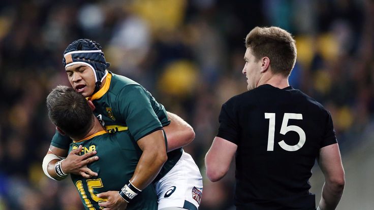Cheslin Kolbe of the Springboks celebrates with teammate Willie le Roux after scoring a try during The Rugby Championship match between the New Zealand All Blacks and the South Africa Springboks at Westpac Stadium on September 15, 2018 in Wellington, New Zealand. 