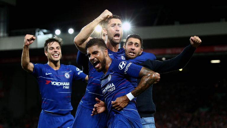 Emerson celebrates his equaliser with his Chelsea team-mates