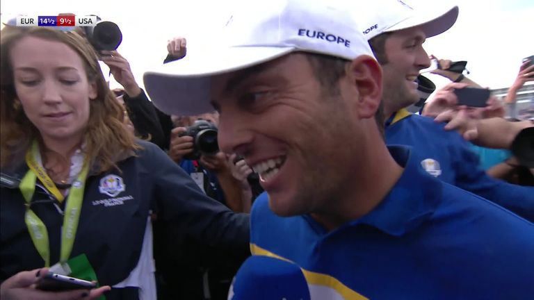 Francesco Molinari explains why winning the Ryder Cup means so much to him, as the celebrations threaten to cut short his interview!