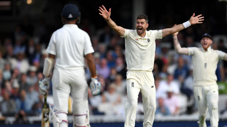 James Anderson appeals for leg before on day two at The Oval