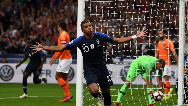 Kylian Mbappe celebrates after giving France the lead