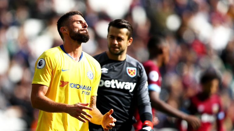 Olivier Giroud shows his frustration at the London Stadium