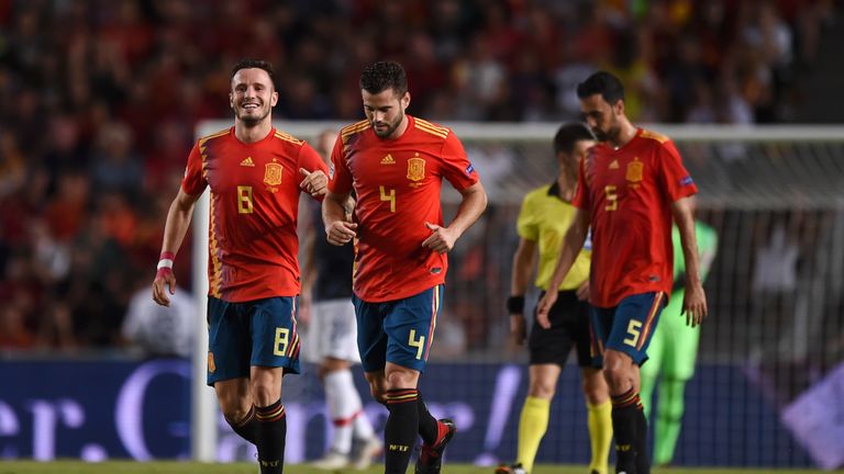 Saul is congratulated after giving Spain the lead against Croatia