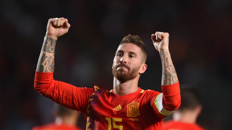 Sergio Ramos salutes the crowd after scoring Spain's fifth goal