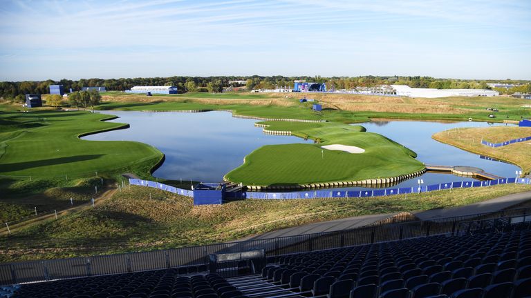 A general view of the 18th green ahead of the 42nd Ryder Cup 2018 at Le Golf National on September 24, 2018 in Paris, France.