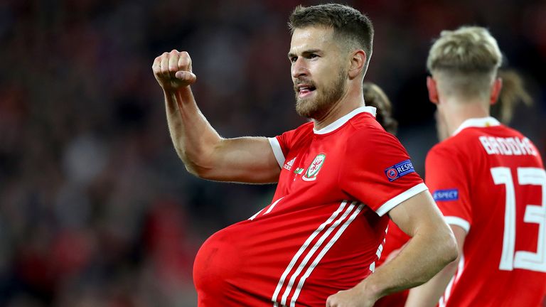 Aaron Ramsey of Wales celebrates after scoring his team&#39;s third goal during the UEFA Nations League B group four match between Wales and Ireland at Cardiff City Stadium on September 6, 2018 