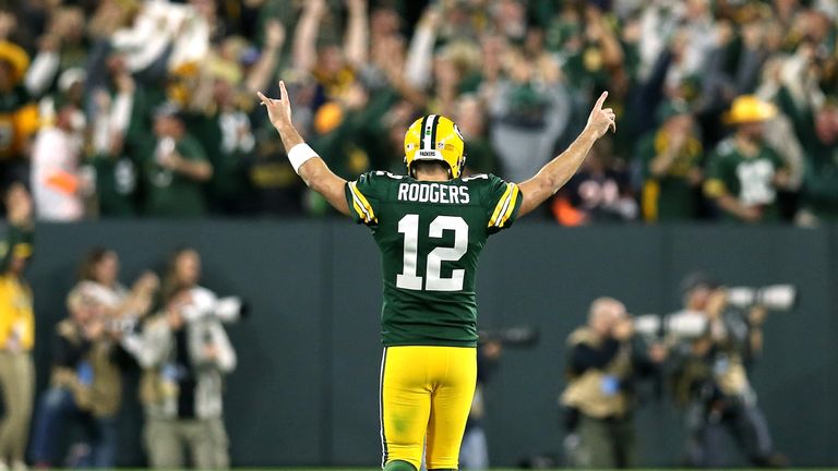 GREEN BAY, WI - SEPTEMBER 09:  Aaron Rodgers #12 of the Green Bay Packers reacts after throwing a touchdown pass to Randall Cobb #18 during the fourth quarter of a game against the Chicago Bears at Lambeau Field on September 9, 2018 in Green Bay, Wisconsin.  (Photo by Dylan Buell/Getty Images) *** Local Caption *** Aaron Rodgers