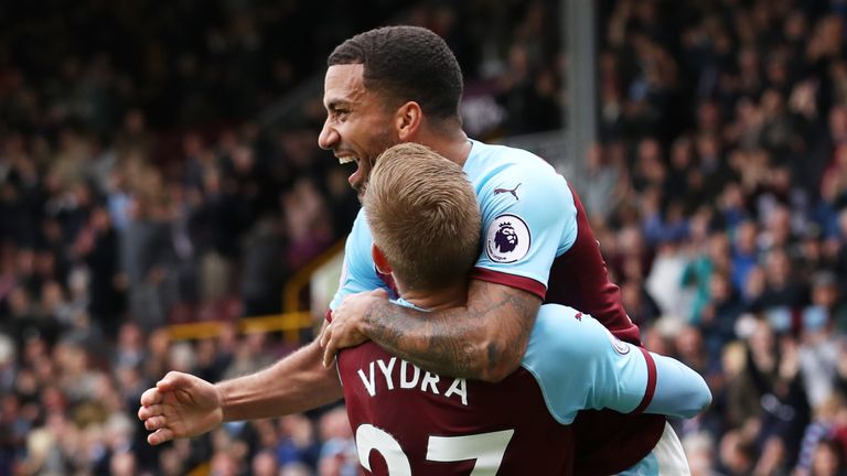BURNLEY, ENGLAND - SEPTEMBER 22: Matej Vydra of Burnley celebrates with Aaron Lennon after he scores the opening goal during the Premier League match between Burnley FC and AFC Bournemouth at Turf Moor on September 22, 2018 in Burnley, United Kingdom. (Photo by Ian MacNicol/Getty Images)