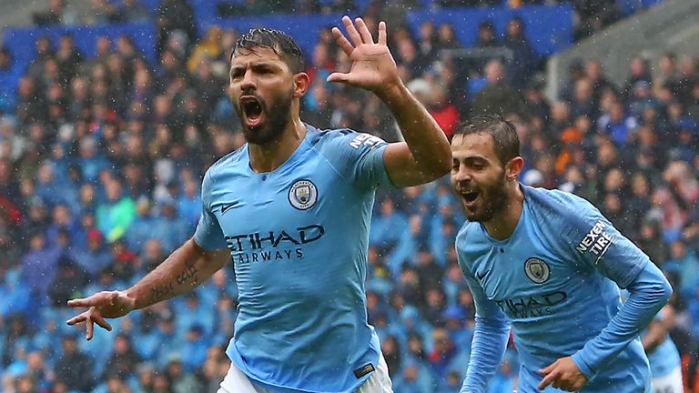 Sergio Aguero celebrates during Manchester City's game against Cardiff.