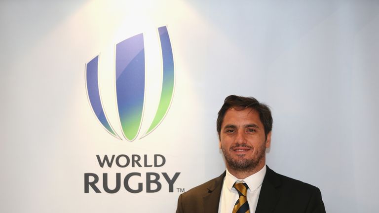 during a media conference to introduce the new World Rugby Chairman and Vice-Chairman on May 11, 2016 in Dublin, Ireland.