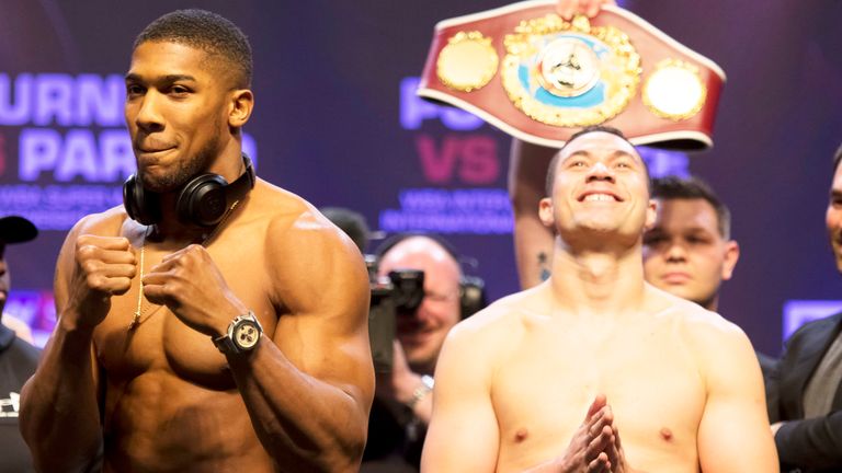 CARDIFF, WALES - MARCH 30: Anthony Joshua (L) and Joseph Parker (R) at the weigh-in at the Motorpoint Arena on March 30, 2018 in Cardiff, Wales. Anthony Joshua will fight Joseph Parker in a heavyweight unification match at the Principality Stadium in Cardiff on March 31. (Photo by Matthew Horwood/Getty Images)