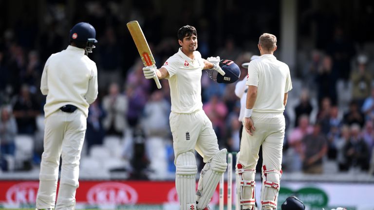  Alastair Cook of England celebrates reaching his century with captain Joe Root during day four of the Specsavers 5th Test match between England and India at The Kia Oval on September 10, 2018