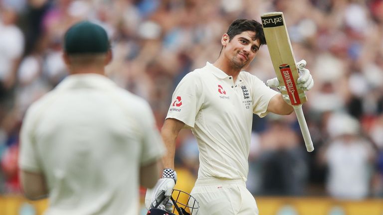 Alastair Cook celebrates making his double century on day three of the Fourth Ashes Test between Australia and England at Melbourne Cricket Ground on December 28, 2017