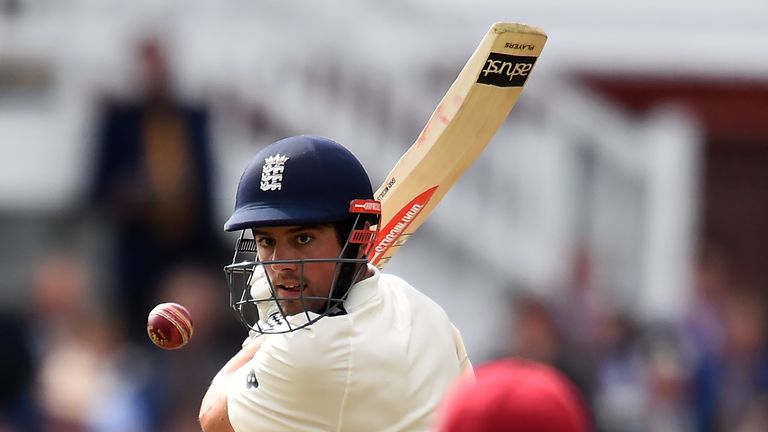 England's Alastair Cook watches the ball before playing a shot on day three of the third Test between England and the Windies at Lord's on September 9, 2017