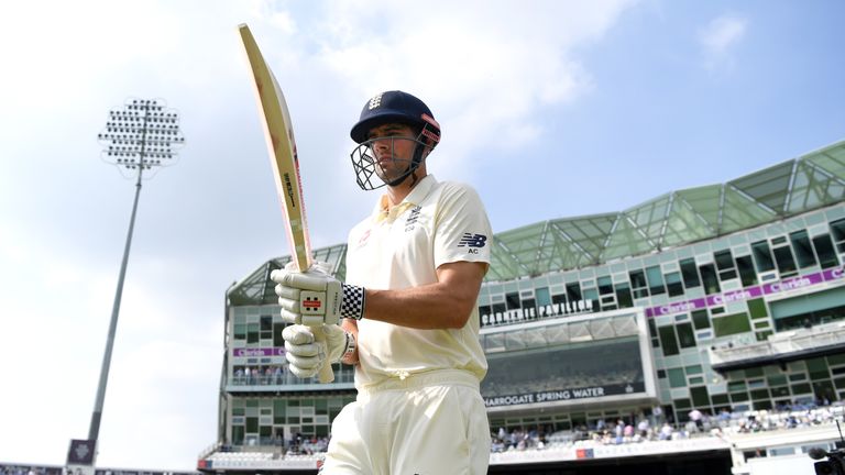 Alastair Cook heads out to bat during the 2nd NatWest Test match between England and Pakistan at Headingley on June 1, 2018