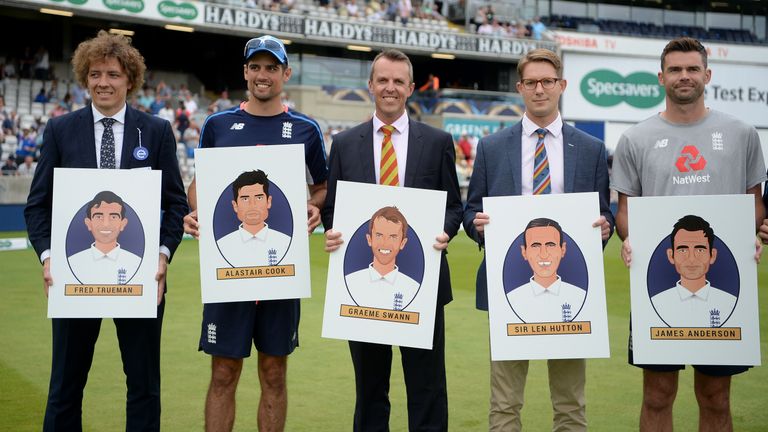 Members of England's greatest XI pose from group picture (Fred Trueman (represented by Andrew Lund), Alastair Cook, Graeme Swann, Len Hutton (represented by Robert Hutton) and James Anderson) during day three first Test between England and India at Edgbaston on August 3, 2018