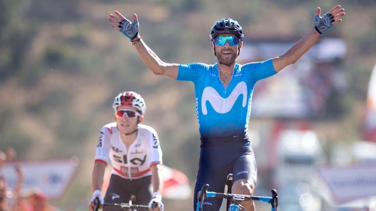 Alejandro Valverde of Movistar celebrates winning stage of La Vuelta 2018