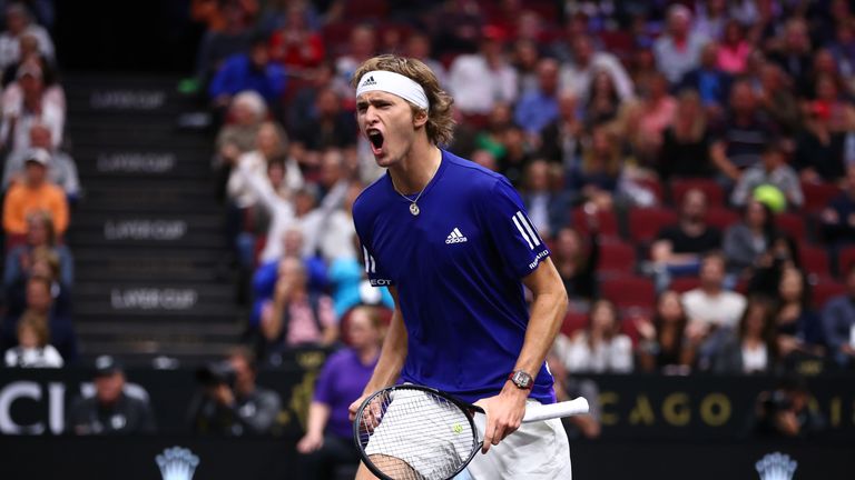 Team Europe Alexander Zverev of Germany celebrates a point against Team World Kevin Anderson of South Africa during their Men's Singles match on day three of the 2018 Laver Cup at the United Center on September 23, 2018 in Chicago, Illinois.