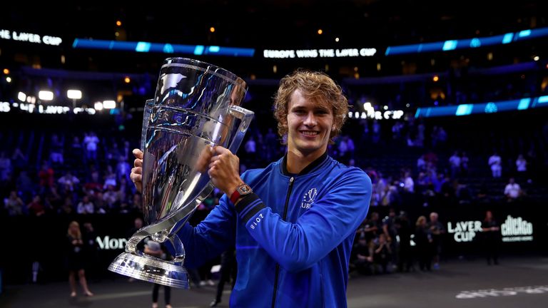 Team Europe Alexander Zverev of Germany celebrates with the trophy after his Men&#39;s Singles match on day three to win the 2018 Laver Cup at the United Center on September 23, 2018 in Chicago, Illinois.