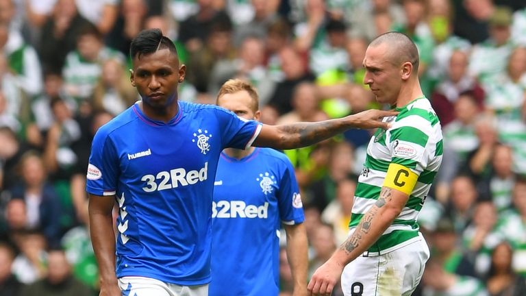 Alfredo Morelos shrugs off Scott Brown in what was a keenly-fought Old Firm clash